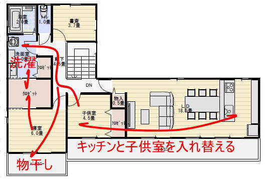 洗面脱衣とウォークインクロゼットのつながる間取りの家事動線