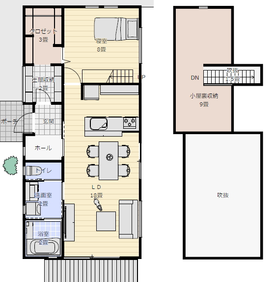 一人暮らしの小さな平屋の住宅プラン 19坪1LDK間取りシミュレーションの間取り図