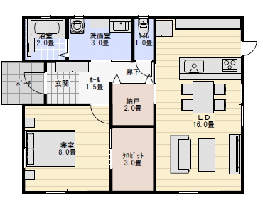一人暮らしの平屋の間取り図、20坪1LDKの間取り図