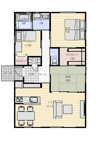 家族で住む小さな平屋の間取りシミュレーション 25坪3LDKの間取り図