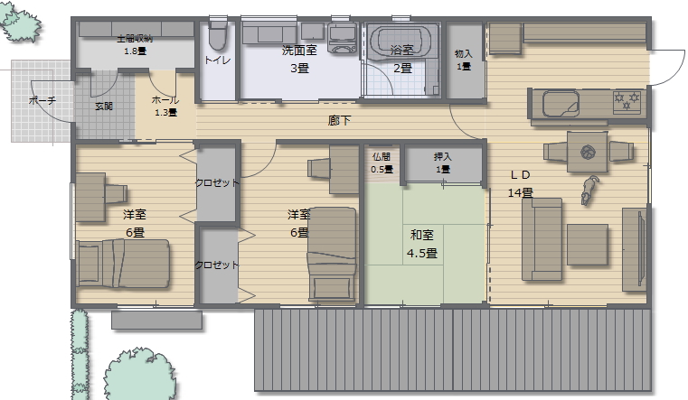老後に住む小さな平屋の間取り 25坪3LDK間取りシミュレーションの間取り図