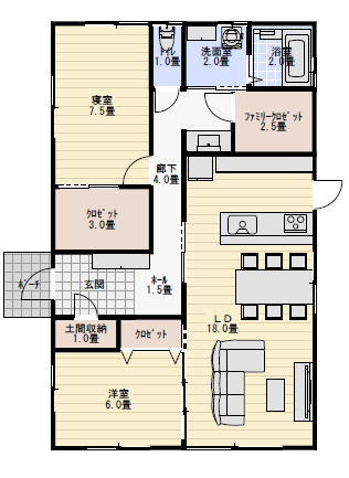 ファミリークロゼットのある二人暮らしのための平屋の間取り図の間取り図