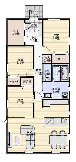 狭い敷地に建つ26坪3LDKの平屋の間取り図の間取り図