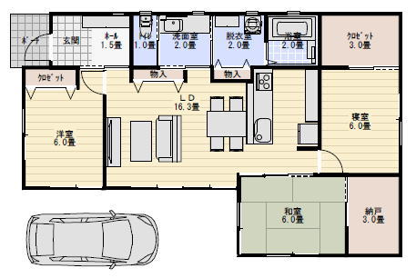 26坪3LDKの廊下のない平屋の間取り図の間取り図