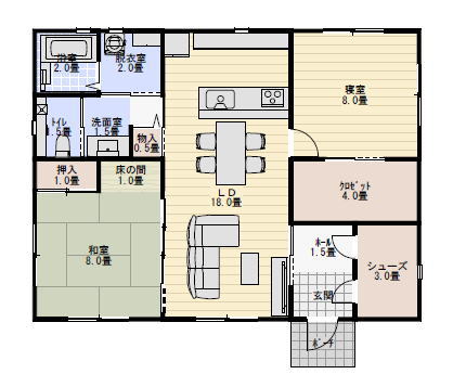 27坪2LDK老後夫婦で住む平屋の間取り図の間取り図