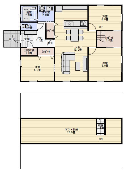 27坪3LDKのロフト収納のある平屋の間取り図の間取り図