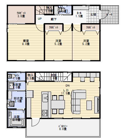28坪3LDK2階リビングのローコスト住宅の間取りの間取り図