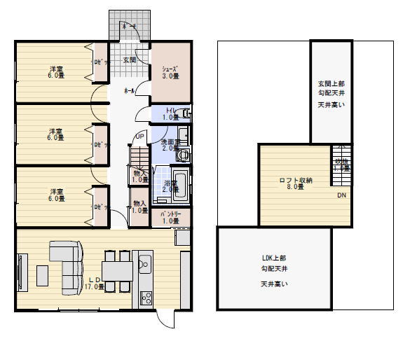 ロフト収納のある3LDKの平屋の間取り図の間取り図