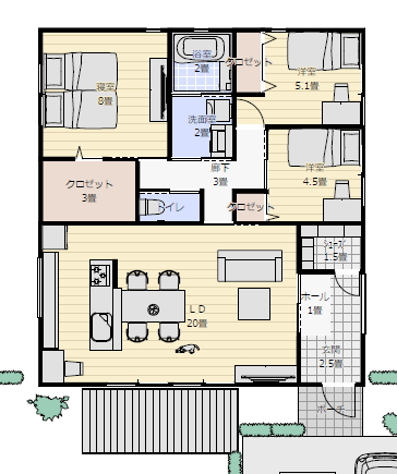 アイランドキッチンの平屋の間取り 28坪3LDK間取りシミュレーションの間取り図