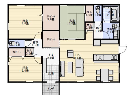 29坪3LDK3人家族の平屋の間取り図の間取り図