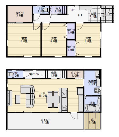 2階リビングのローコスト住宅の間取りプランの間取り図