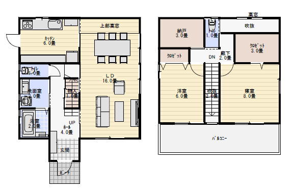 30坪2LDK北から光を入れる間取りの間取り図
