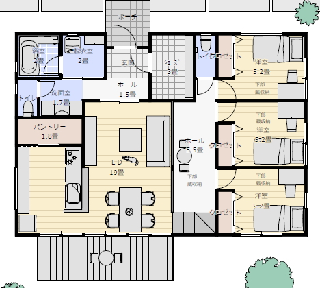 平屋の間取り 30坪 3LDK トイレ二つの間取り図