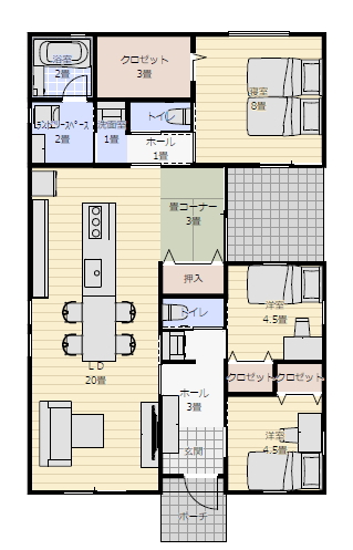 平屋間取り 3ldkの間取り図
