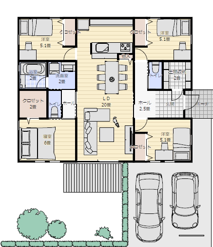 平屋間取り 成功例 4ldk 30坪の間取り図