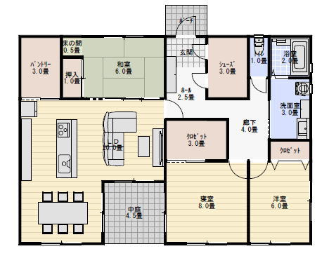 33坪3LDK中庭のある平屋の間取り図の間取り図
