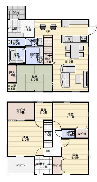 部屋干し室のあるリビング階段の間取り例の間取り図