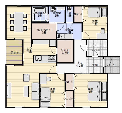 ファミリークロゼットとパントリーの広い平屋の間取り図の間取り図