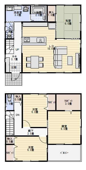 34坪4LDK和室がリビングに解放する間取りの間取り図