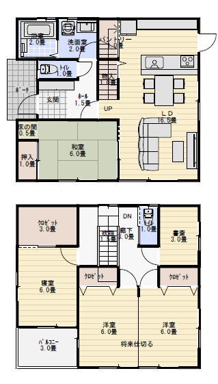 新築当初は広く将来は子供部屋を仕切る間取り例の間取り図