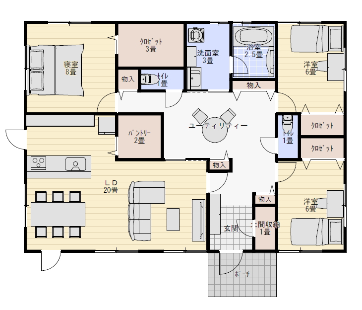 ユーティリティーのある平屋間取りのアイデア35坪3ldkの間取り図