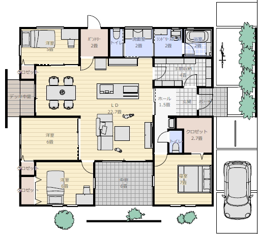 平屋間取り 4ldk 35坪 中庭の間取り図