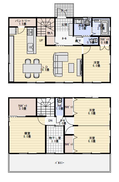 部屋干し室とパントリー収納のある間取り図の間取り図