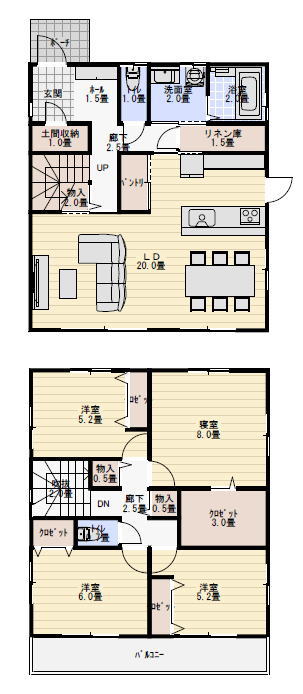 収納の多い総二階の間取りの間取り図