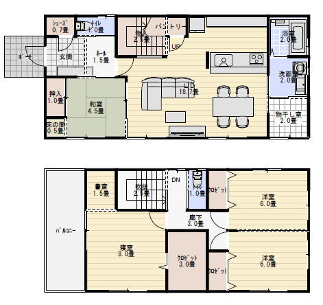 部屋干しのできる物干し室のある家の間取り図の間取り図