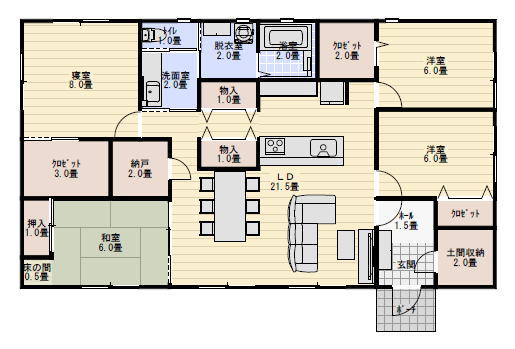 36坪4ldkキッチン脇にバックヤード収納のある平屋の間取り図の間取り図