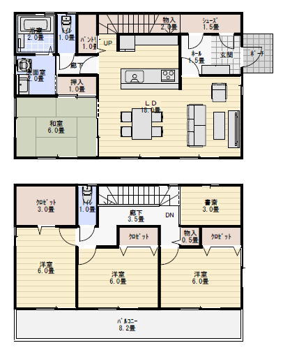 書斎のある間取り図36坪5LDKの間取り図