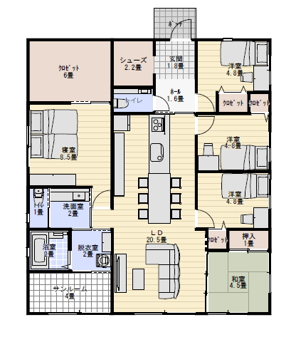 キッチンとダイニングが一直線の平屋の間取り図5LDKの間取り図