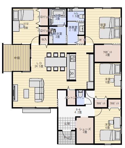シューズクロークと中庭のある平屋の間取り 38坪4LDKの間取り図
