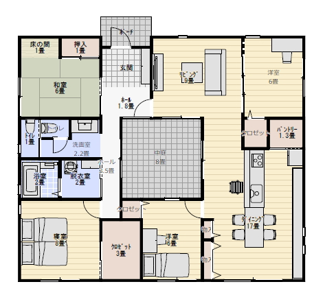中庭のある平屋の間取りシミュレーション 38坪4LDKの間取り図