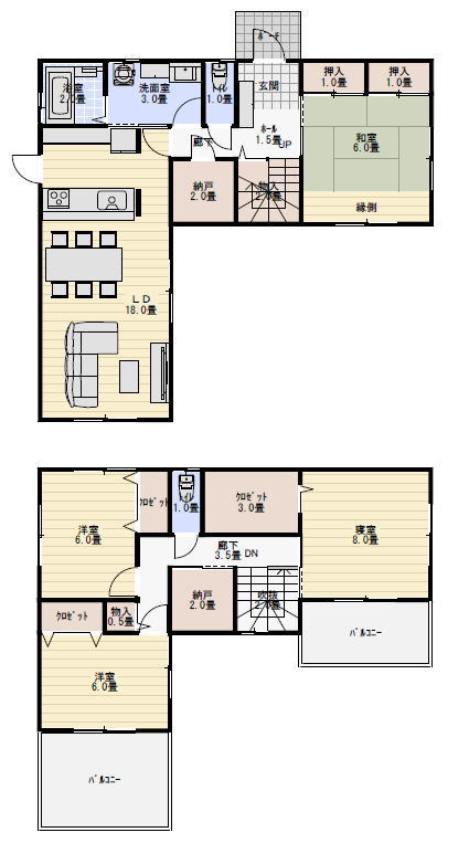 38坪4LDK L字型の家の間取り図の間取り図