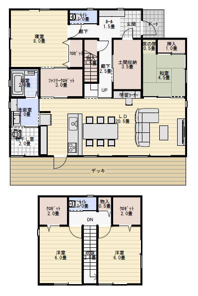 ファミリークロゼットと部屋干しスペースのある家の間取り図の間取り図