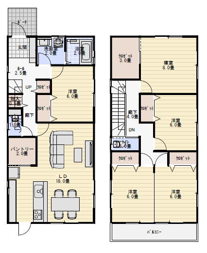 将来子供部屋を仕切るタイプの間取り図の間取り図