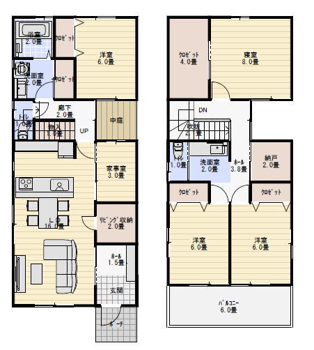 39坪5LDKのキッチン横に家事室のある間取り図の間取り図