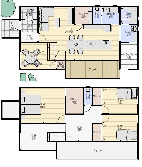 キッチンとダイニング一直線の間取り スキップフロアと部屋干し室のある家の間取り図