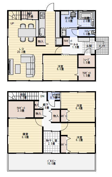 リビング階段と部屋干し室のある住宅の間取り図の間取り図