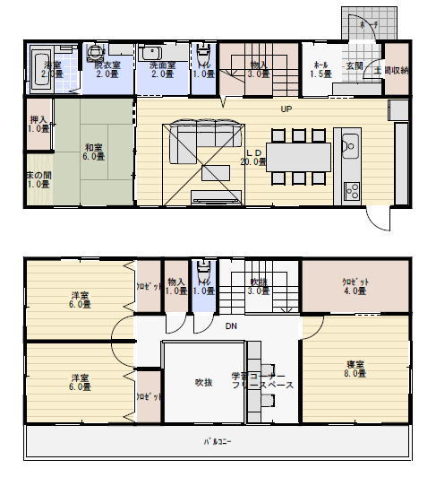 40坪4LDKの学習コーナーからリビングを見下ろす住宅の間取り図の間取り図