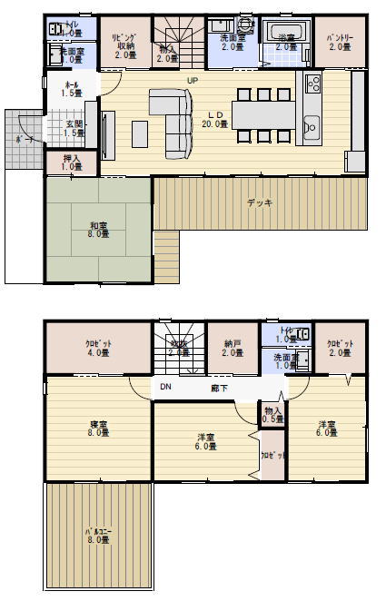 40坪4LDK全室南向きのデッキテラスのある家の間取り図の間取り図