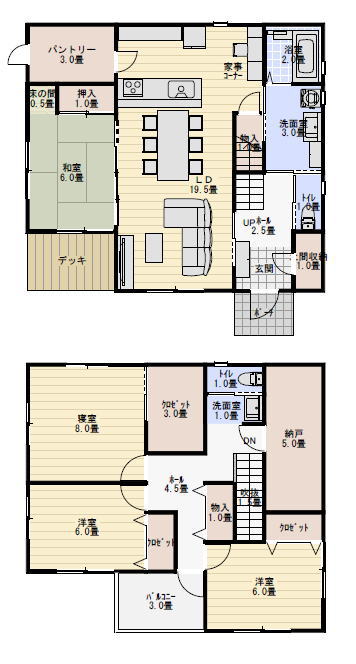 40坪4LDK家事コーナーのある住宅の間取り図の間取り図