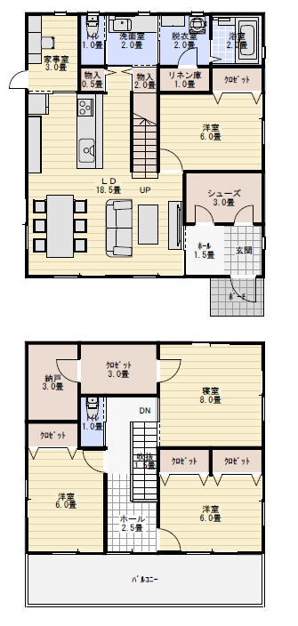 40坪4LDKのシューズクロークとパントリー収納のある家の間取り図の間取り図