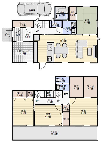 広い土間スペースのある住宅の間取り図の間取り図