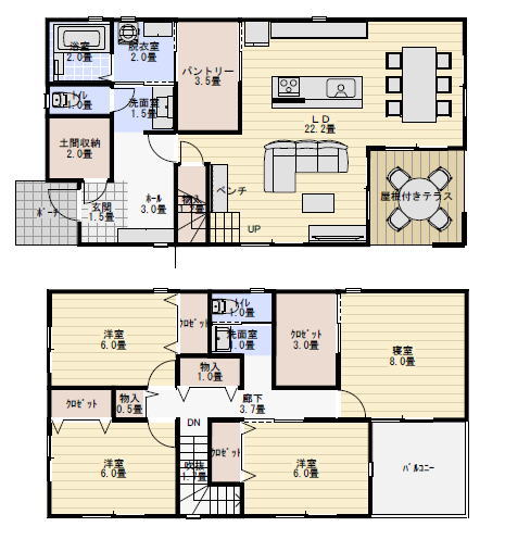 半屋外リビングのある住宅の間取り図の間取り図