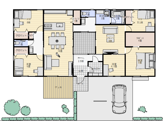 5人家族のための平屋間取り40坪5ldk 中庭が見える家の間取り図