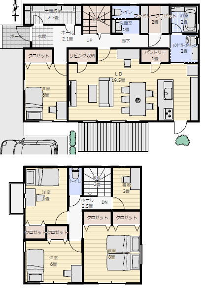 回遊動線の住宅の間取りプラン 40坪5LDKの間取り図