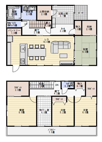 部屋干し室のある玄関土間の広い間取り図の間取り図
