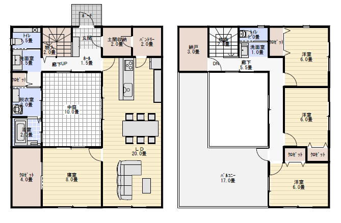 広い中庭のあるおしゃれな住宅の間取り図の間取り図